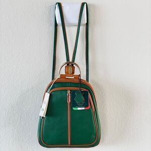 NWT Valentina Green Tan Italian Genuine Leather Convertible Sling Backpack Bag